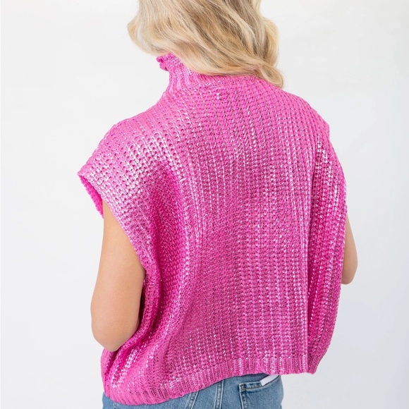 SHE + SKY Metallic Foil Shiny Sweater Vest Top in Magenta Hot Pink – Size Large - Picture 15 of 15